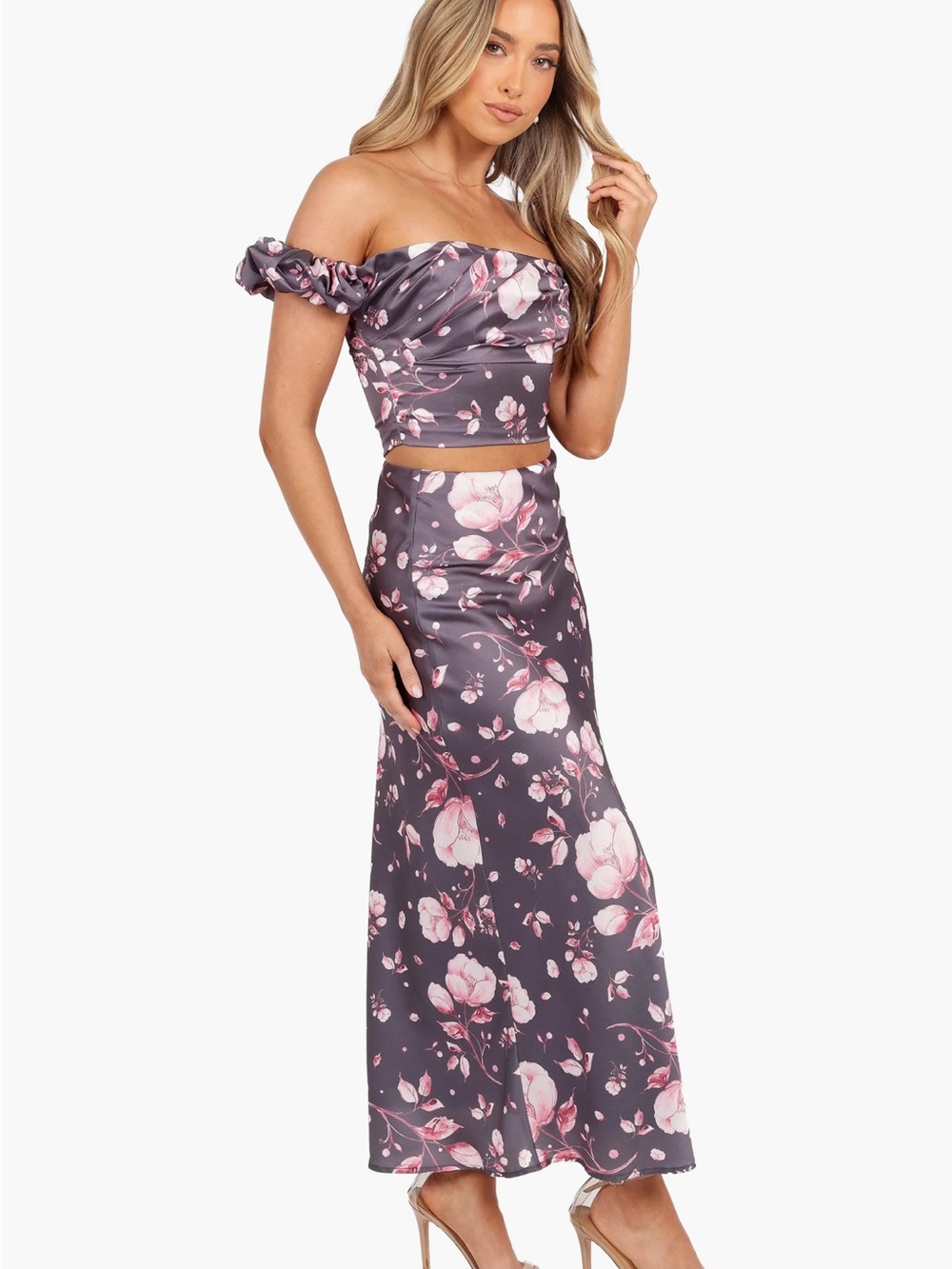 Petal & Pup Arabella Satin Floral Crop Top & Maxi Skirt Set Size Small